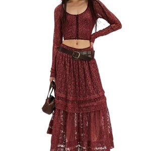 Free People Arcana Lace Crop Top & Maxi Skirt Set in Marsala Combo